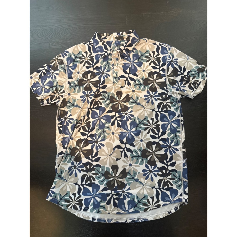 BYLT Premium Basics Polo XL Blue Floral All Over Print Short Sleeve Mens
